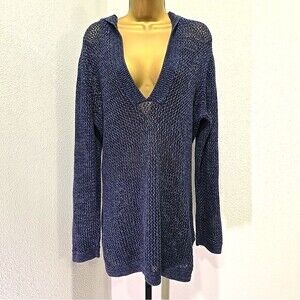 Chicos 100% Cotton Knit Hooded Sweater V Neck Womens Sz 3 XXL Blue Indie Granola